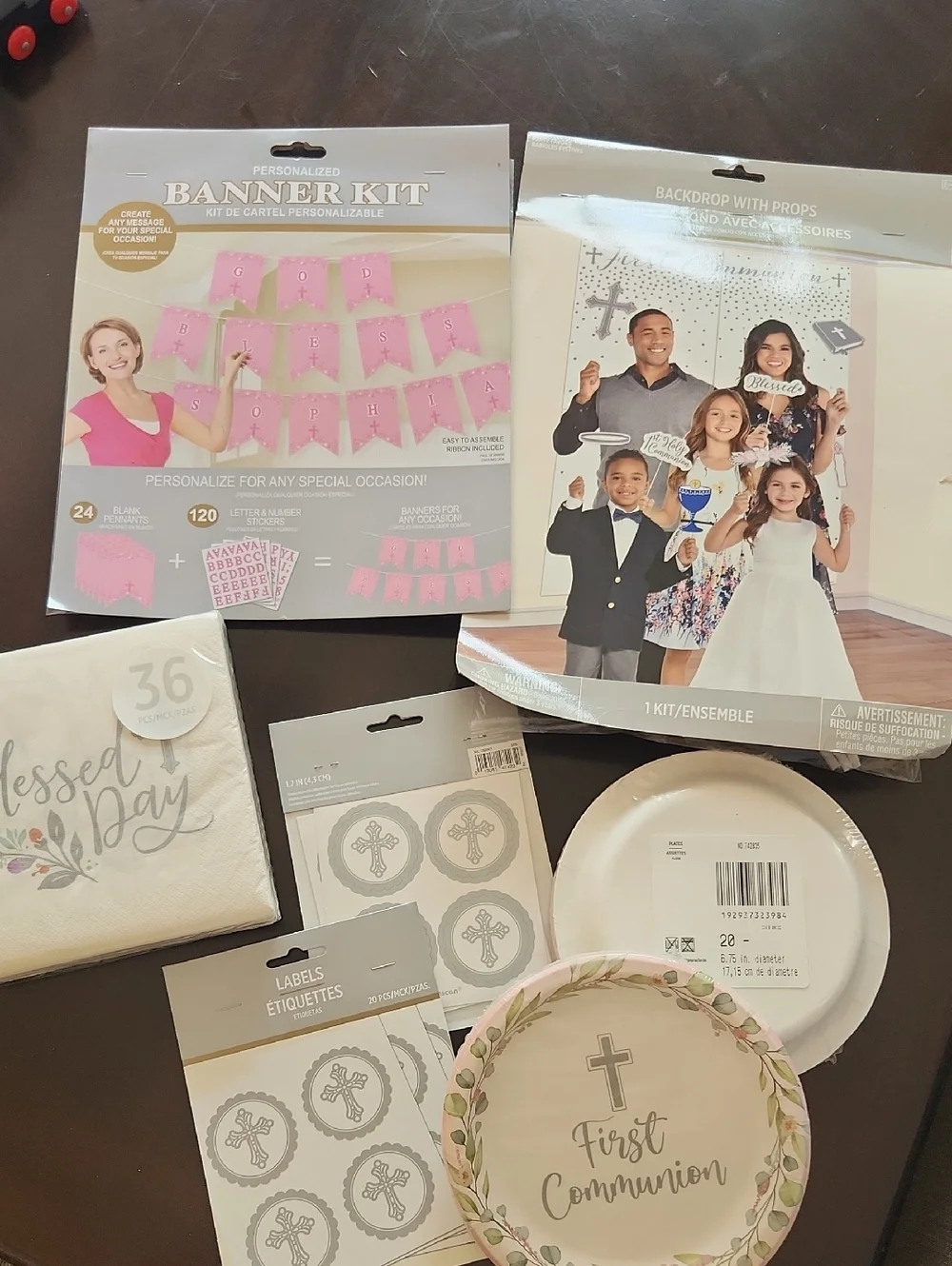First Communion Party Supplies Kit - Pink First Communion Plates & Banner